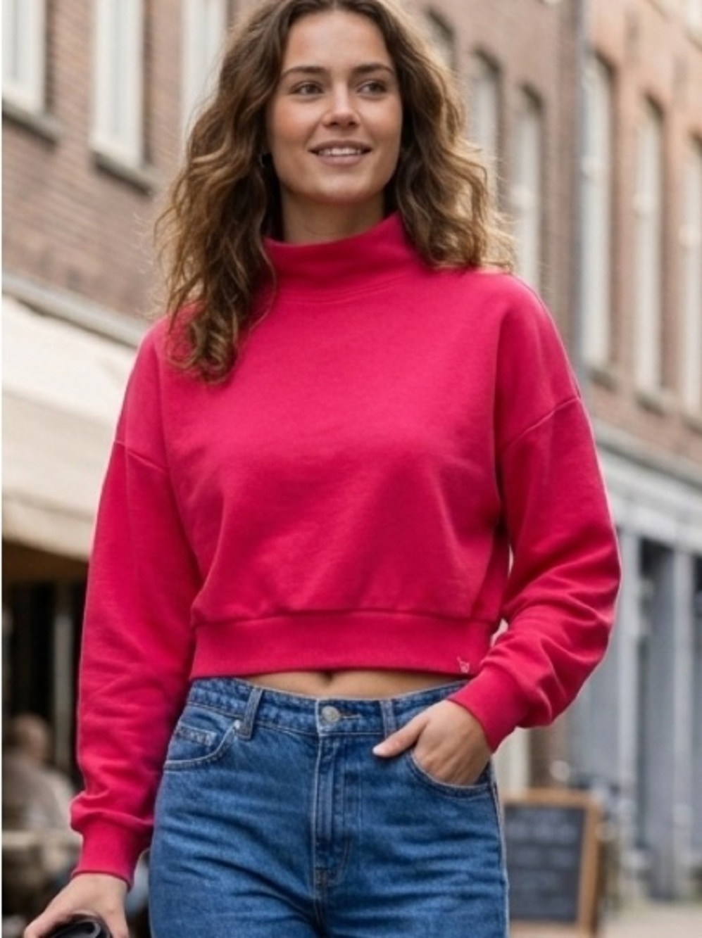NWT JoyLab Cropped Mock Neck Sweatshirt in Bright Pink Size M
